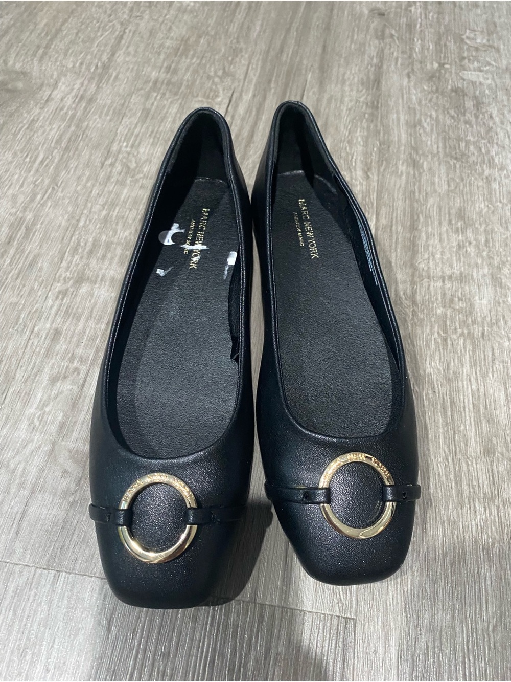 Marc New York Black Leather Ballet Flats with Gold Ring Detail